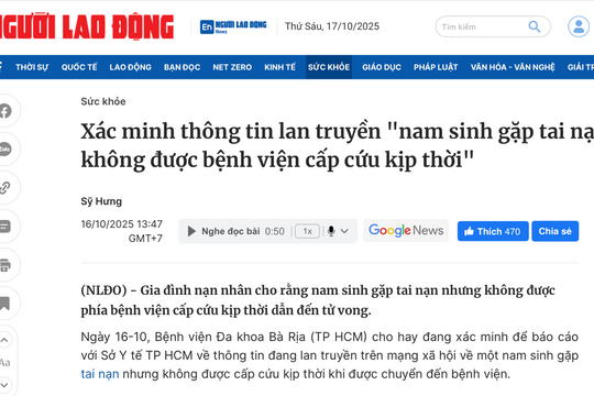 Sở Y tế yêu cầu BVĐK Bà Rịa báo cáo vụ nam sinh gặp TNGT không được cấp cứu kịp thời