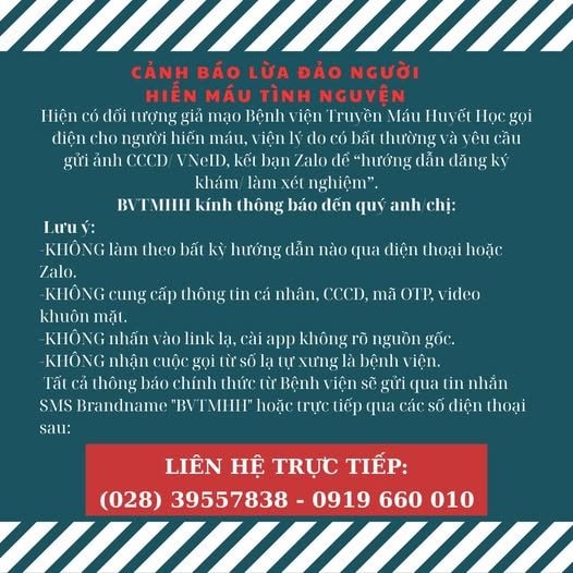Sở Y tế cảnh báo hiện tượng giả mạo cán bộ y tế lừa đảo người hiến máu